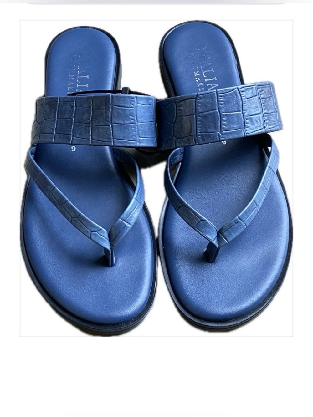 Italian Shoemakers Blue Croc-Embossed Leather Slide Sandals